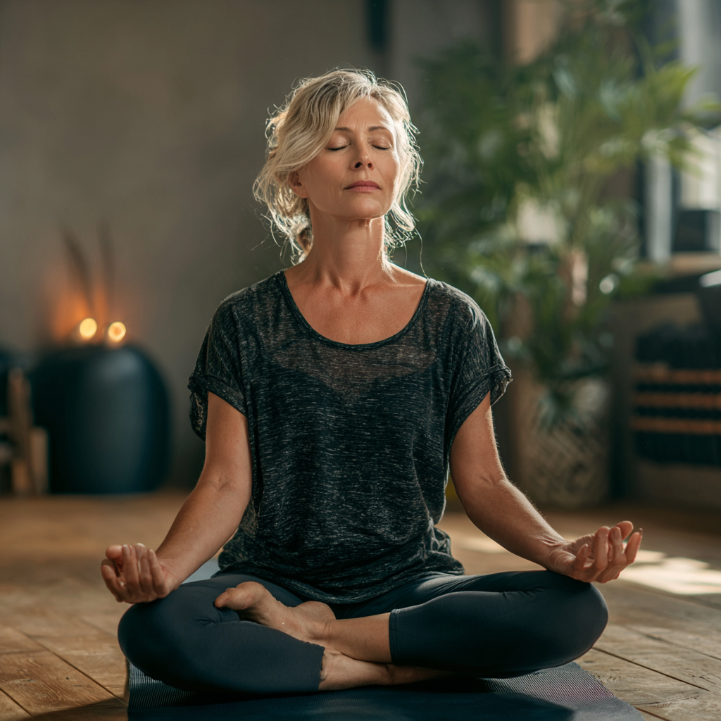 Middle-aged woman practicing gentle yoga with focused breathing in serene studio