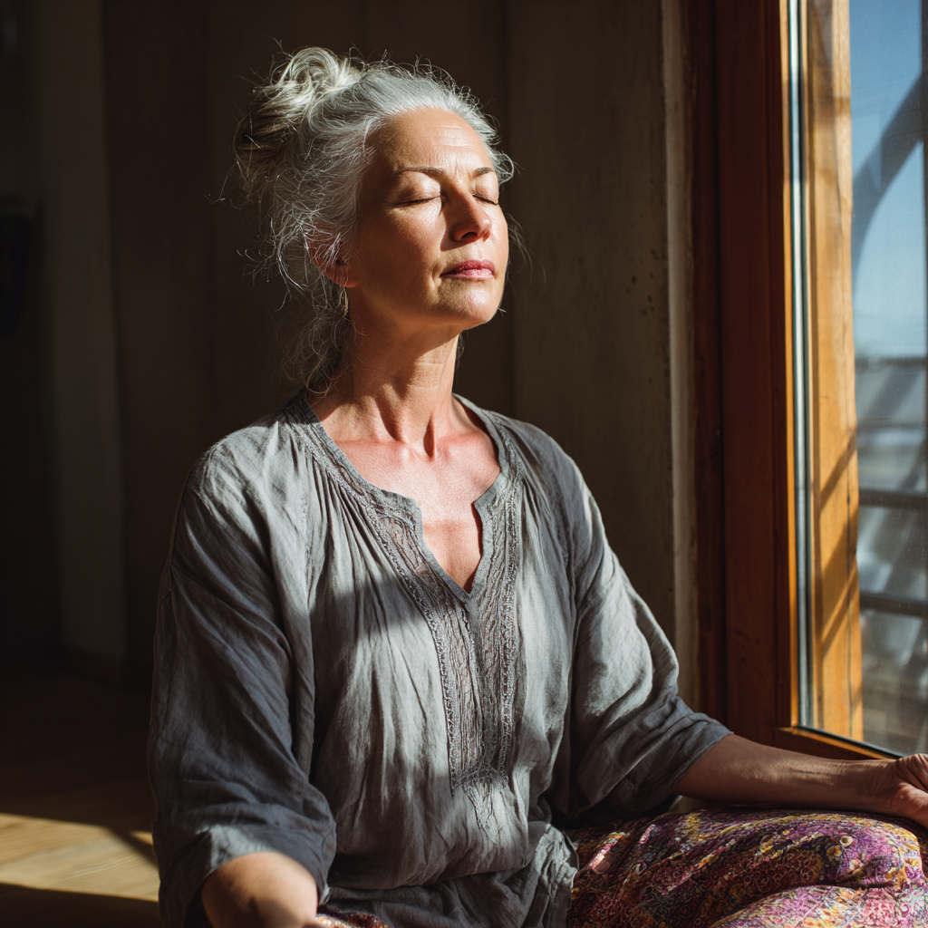 Older adult woman in peaceful seated meditation pose practicing mindful breathing in natural daylight